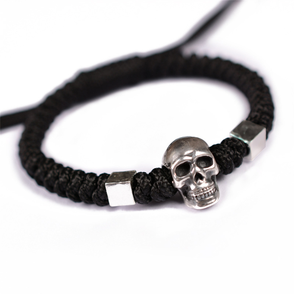 Men's Skull Bracelet 999 Sterling Silver Bangles Handwoven Adjustable Rope - Picture 9 of 9