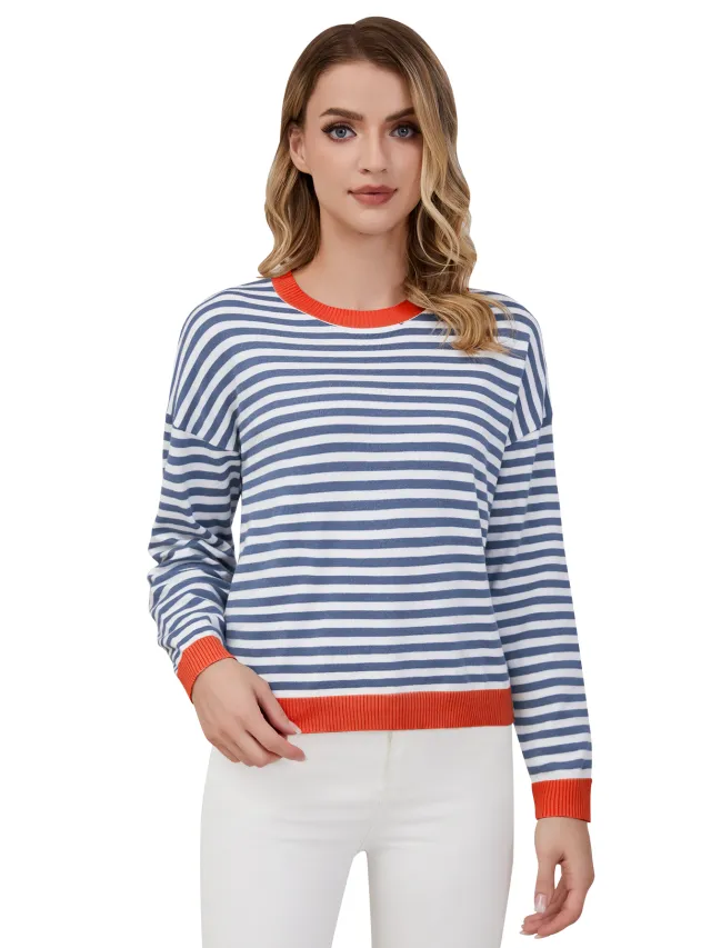 Women's Striped Round Neck Long Sleeved Top Navy Blue - Shop at LoveMi