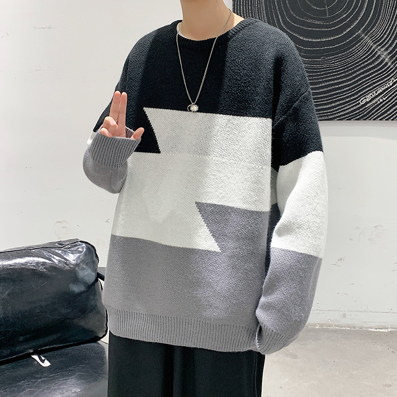 Men's Color Block Loose Round Neck Sweater