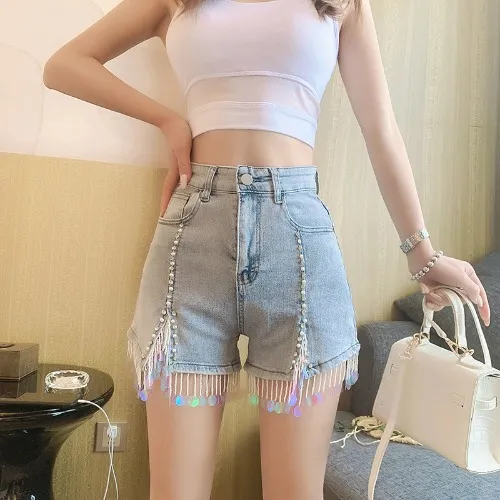 Summer Women's Pearl Sequin Slim Fit High Waist Denim Shorts Light Blue - Shop at LoveMi