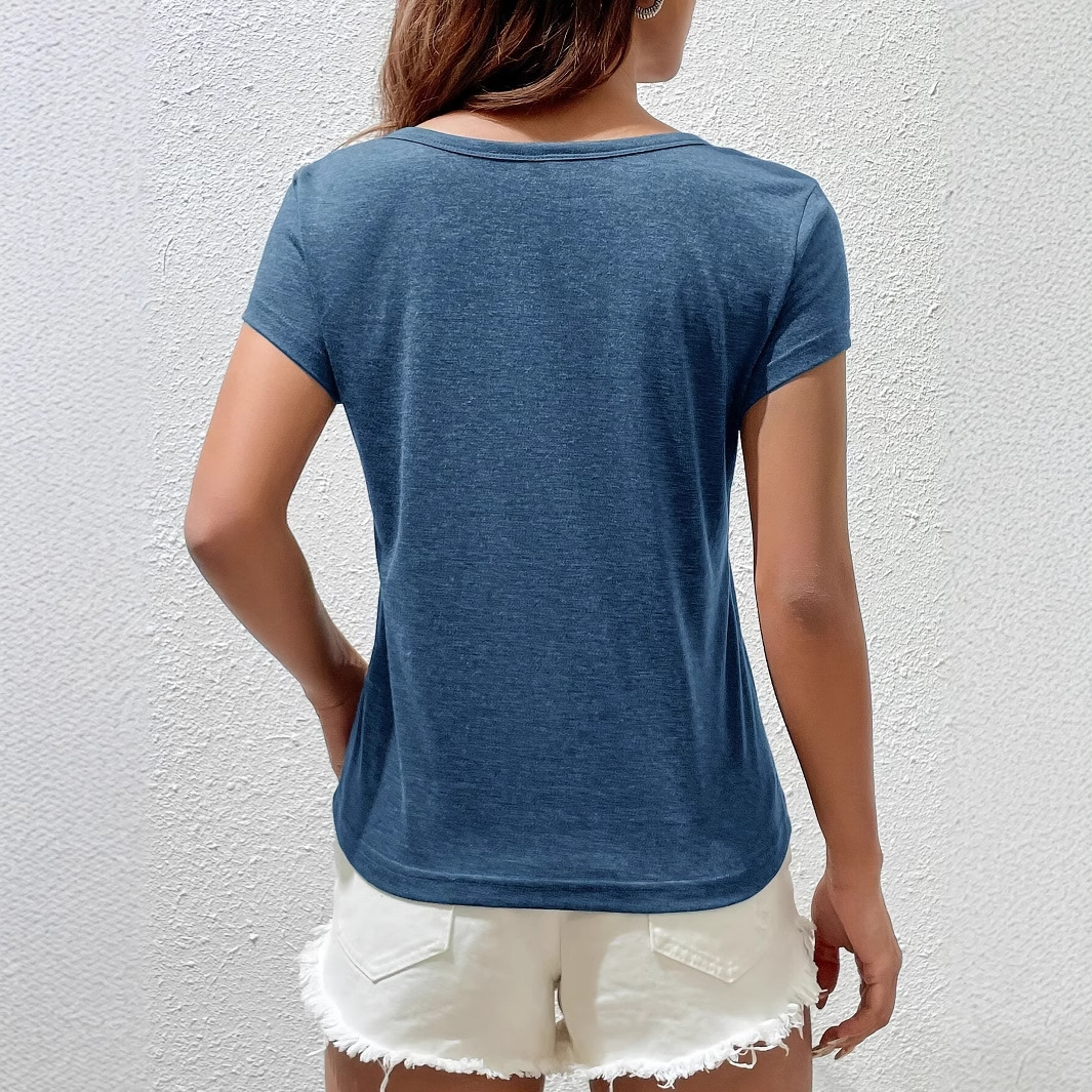 Women's Solid Color Notched V-neck Short Sleeve Top Summer Loose Knit T-shirt Top