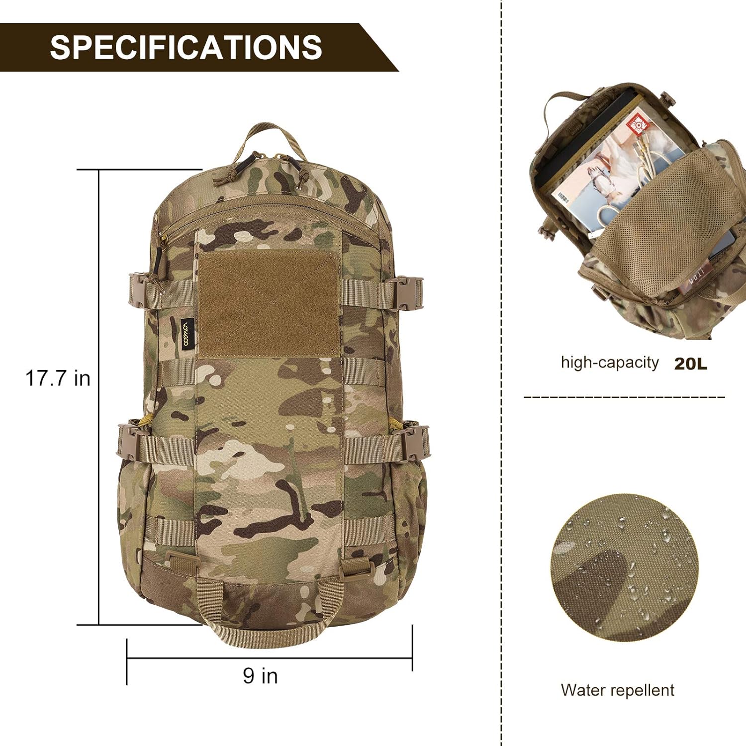 Tactical military hiking backpack pack made from high-strength, water-repellant 500D nylon. Features external front and side web molle, adjustable and detachable shoulder strap, and 20L capacity with multiple compartments. Ideal for outdoor activities suc