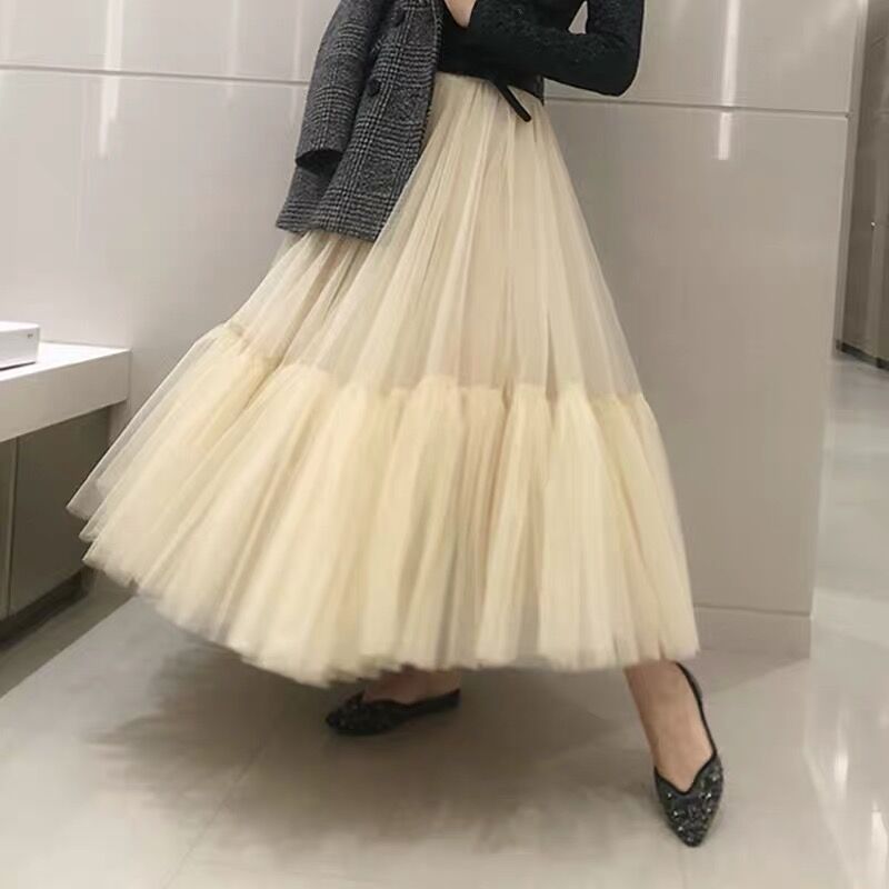 Stitching Long Skirt A-line High Waist Puff Skirt