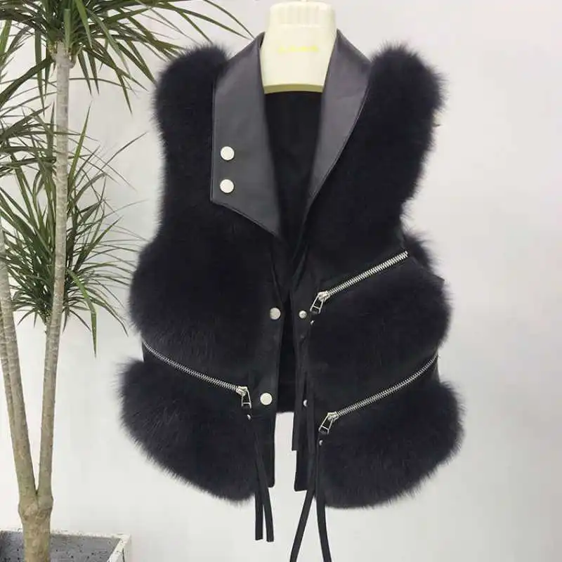 Women's Leather Vest Jacket Winter New Korean Version - Black