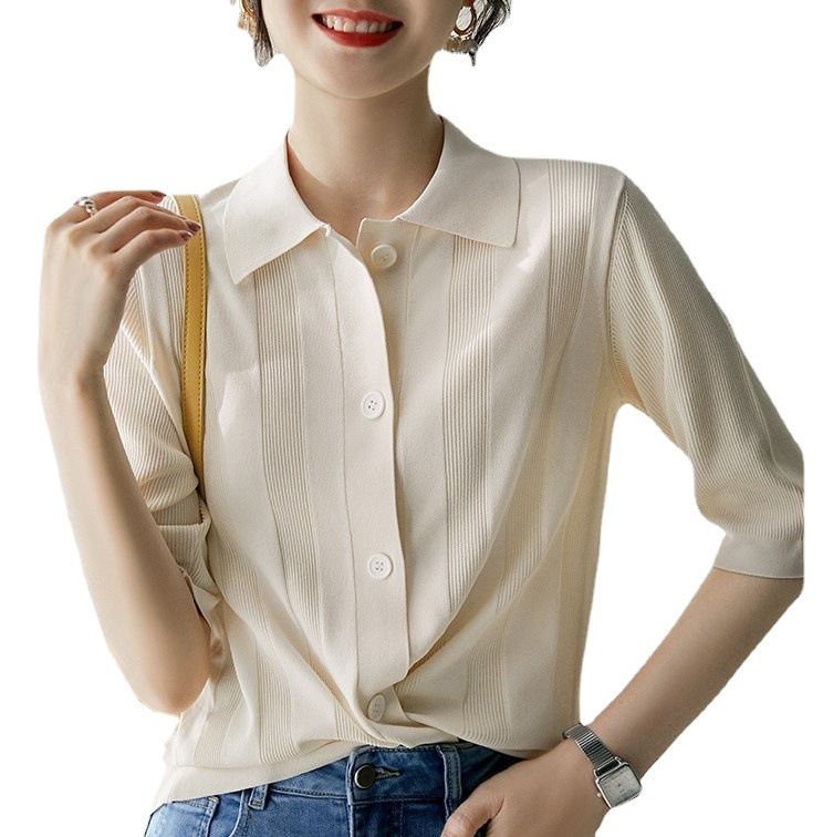 Lapel Mid Sleeve Commuter Knit Cardigan Air Conditioning Shirt