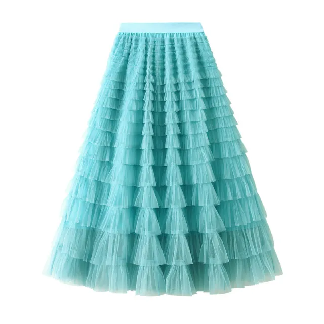 A Line Mesh Ruffle Skirt Women's Temperament Sweet Long Skirt Slim Cupcake Dress Womens Clothing Lake Blue - Shop at LoveMi