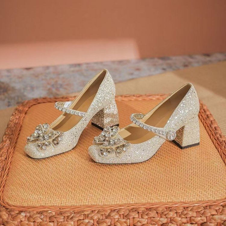 2025 New Champagne Rhinestone Bow Mary Jane Heels Fairy Style Ankle Strap Chunky Heel Pumps thumbnail 1