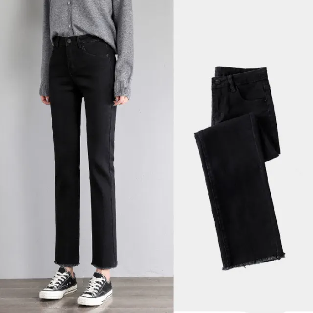 High Waist Slim Black Straight leg Pants Cropped Jeans Black - Shop at LoveMi