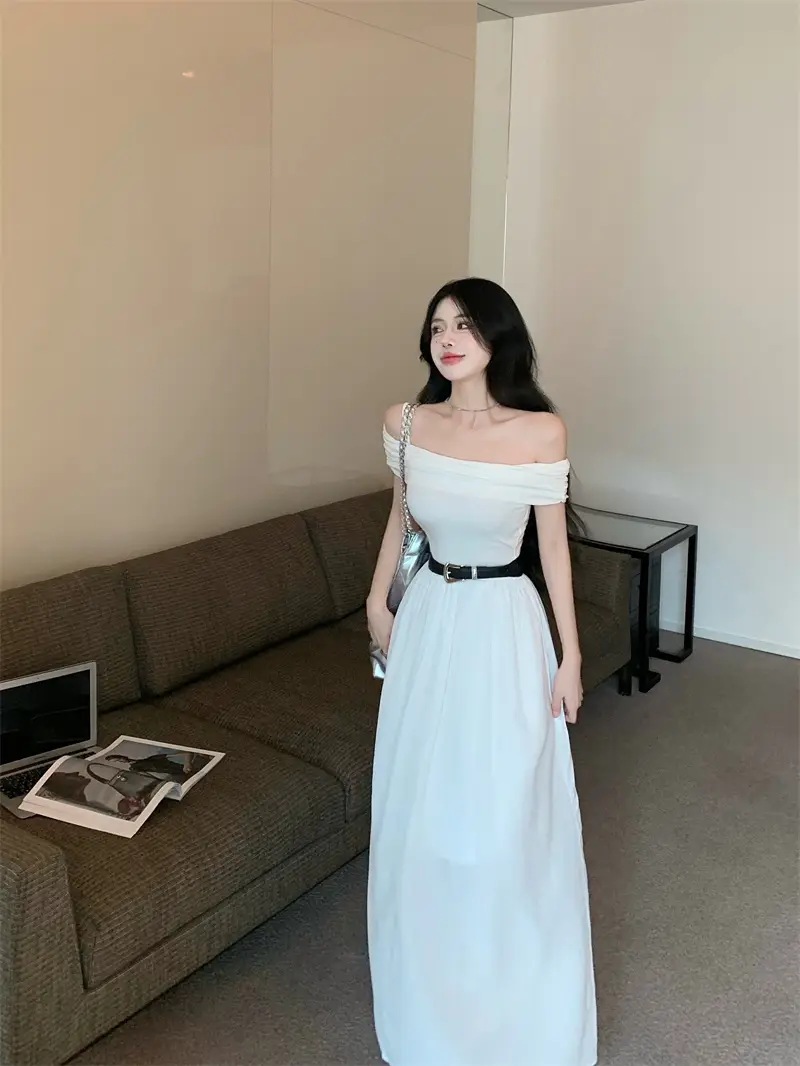 T-shirt Dress Women's Off-shoulder Waist-slimming Belt Long Dress