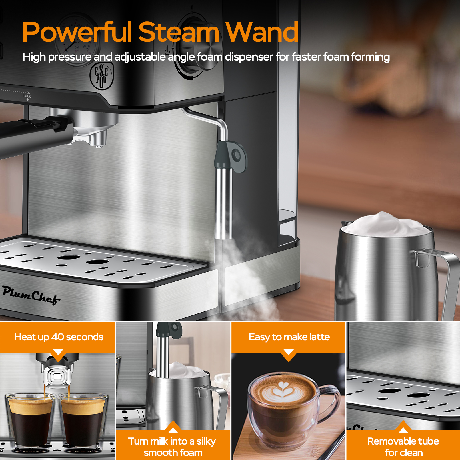 20 Bar Professional Espresso Machine With Milk Frother, Single Double Shot, ESE Pod Compatible, Visual Display Of Pressure, Removable Water Tank For Cappuccino, Latte, Machiato For Home Barista — foto 2