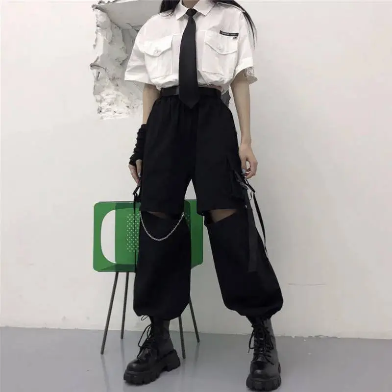 Women's Hip-hop Ripped Casual Trousers Are Loose And Slim And High Waist - Black