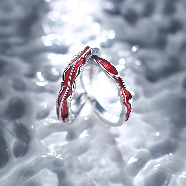 1 Pair 999 Sterling Silver Passionate Red Wave Couple Rings, Adjustable Open Promise Rings, Ideal Valentine's Day Gift For Lovers