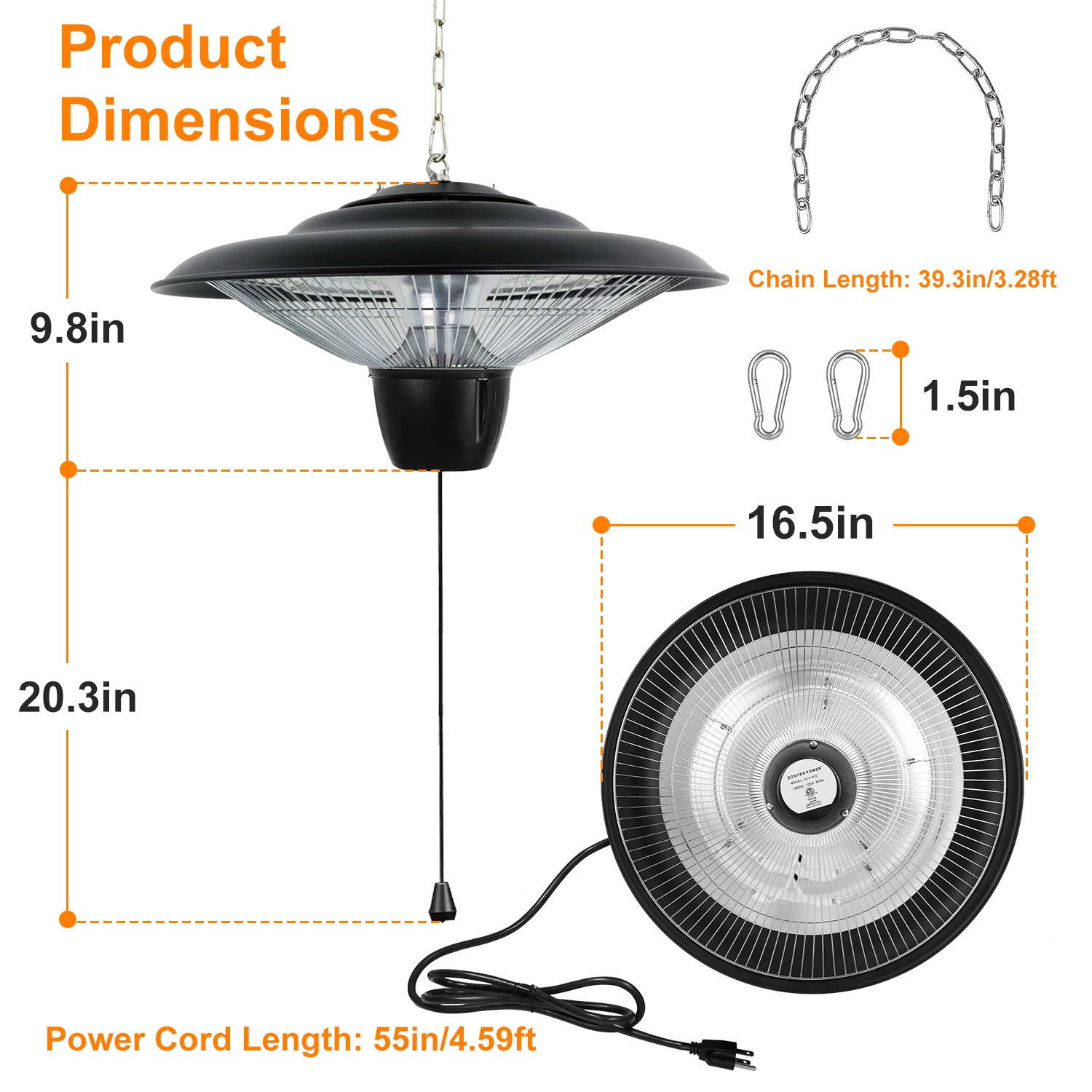 1500W Outdoor Hanging Patio Heater Ultra-quiet Electric Heating β photo 5