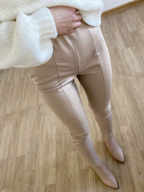 Leather Pants Black Slim Fit Zipper Classic Lightkhaki - Shop at LoveMi