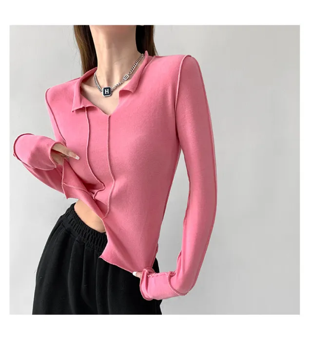 Women's Fashion Simple Solid Color Long Sleeve Bottoming Top Rose Red - Shop at LoveMi