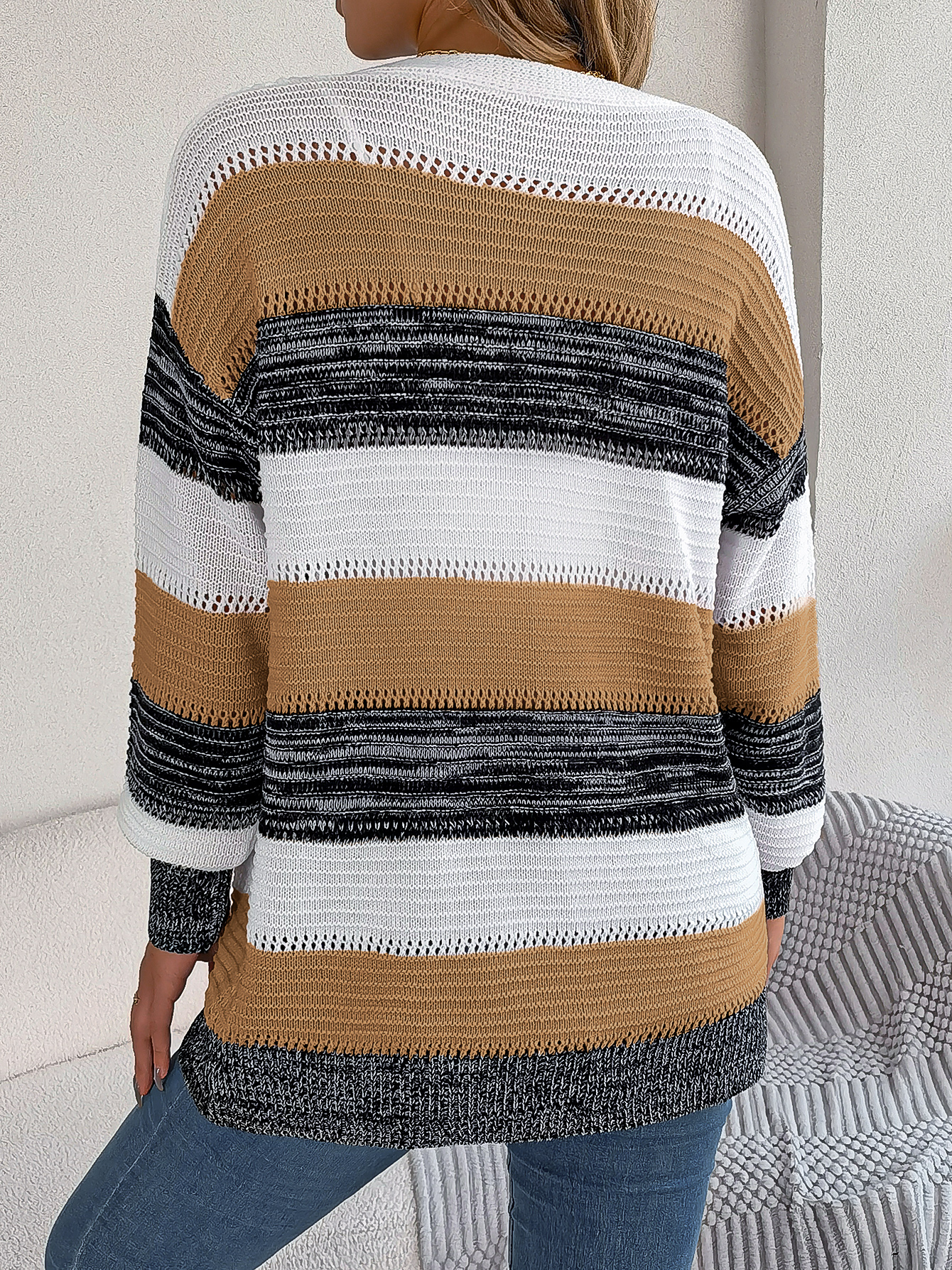 Women Casual Color Block Stripe Lantern Sleeve Cardigan Sweater Coat Koalakits36