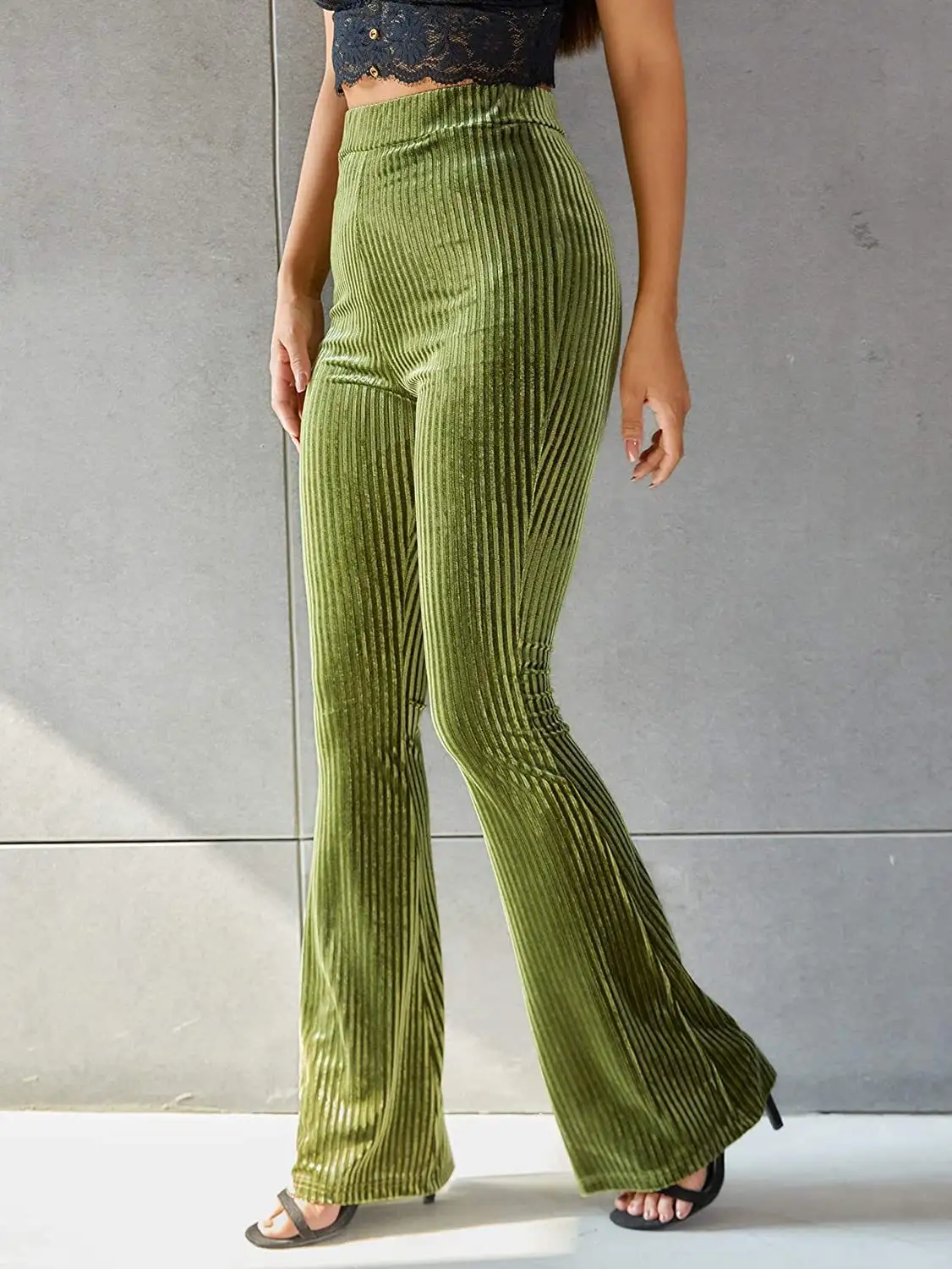 New Women's Fashion Solid Color High Waist Gold Velvet Pit Striped Flare Pants