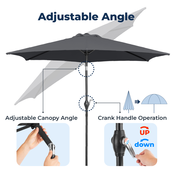 7.5FT Round Outdoor Patio Umbrella With Tilt Adjustment, Crank Lift System, 6 Iron Ribs & Iron Pole, Waterproof UV Protected Polyester Canopy, Gray