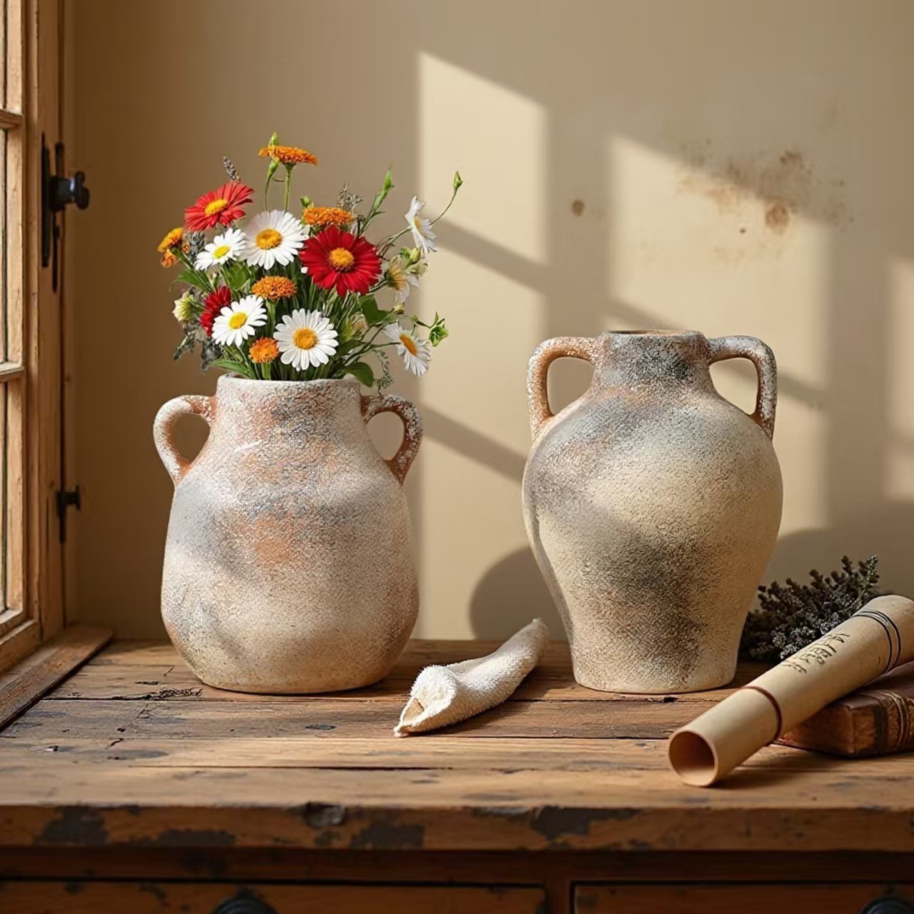 Vintage Ceramic Flower Vase With Handle, Decorative Bottle For Home Decoration, Indoor Ornament And Floral Arrangement Prop