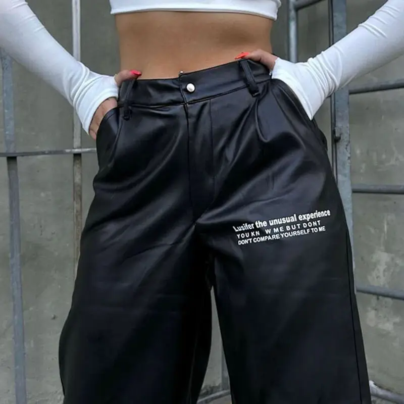 Women's Retro Letter Print Pocket Splicing Casual Leather Pants