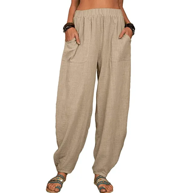 Casual Loose Harem Pants Summer Fashion Solid Color Pockets Trousers Womens Clothing Khaki - Shop at LoveMi
