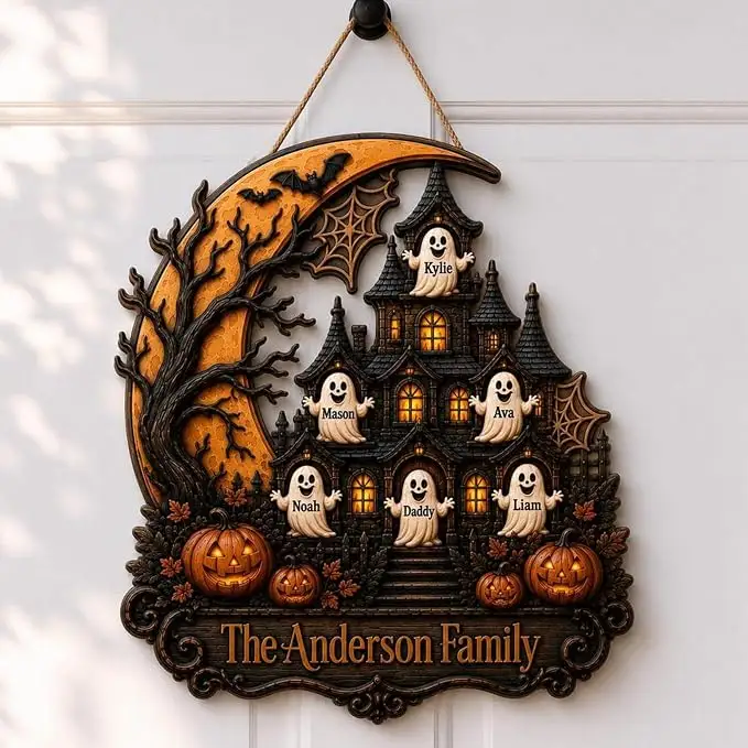 Personalized Halloween Wreath Wooden Door Sign, Custom