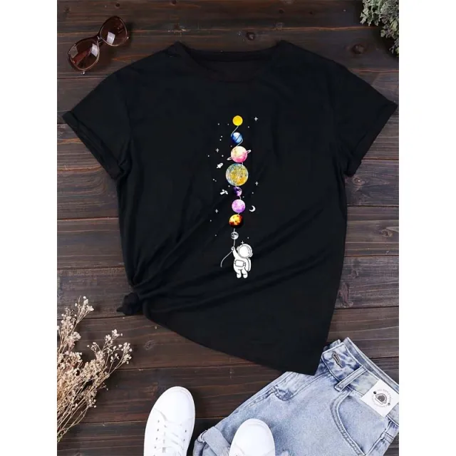 Women's Round Neck Astronaut & Planet Print Short Sleeve T Shirt Casual Summer Top Black - Shop at LoveMi