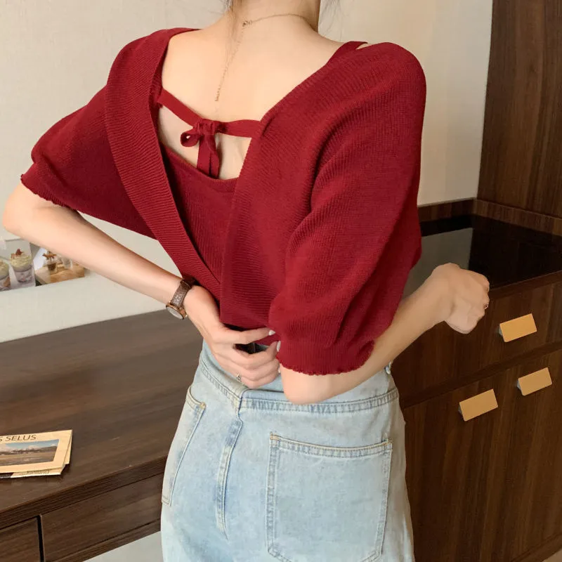 Design Fake Two-piece Waistband Short Sleeved Knit Shirt For Women - Red