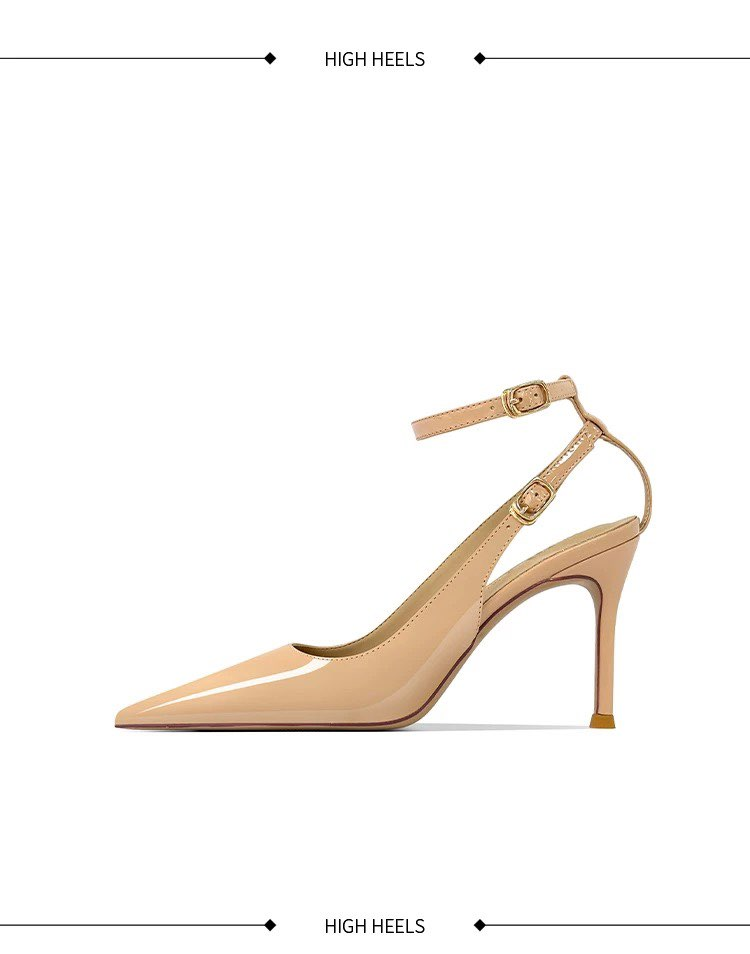 Women's Minimalist European & American Style Pointed Toe Patent Leather Stiletto Sandals, Ankle Strap, Slim Fit, Sexy Nightclub Shoes
