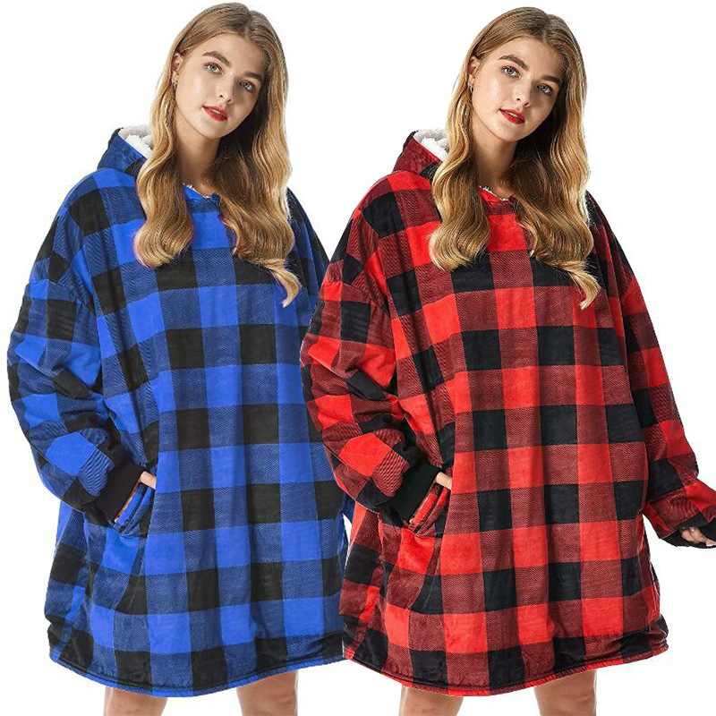 Title 14, New Blue Red Plaid Printed Sweater Hooded Casua...