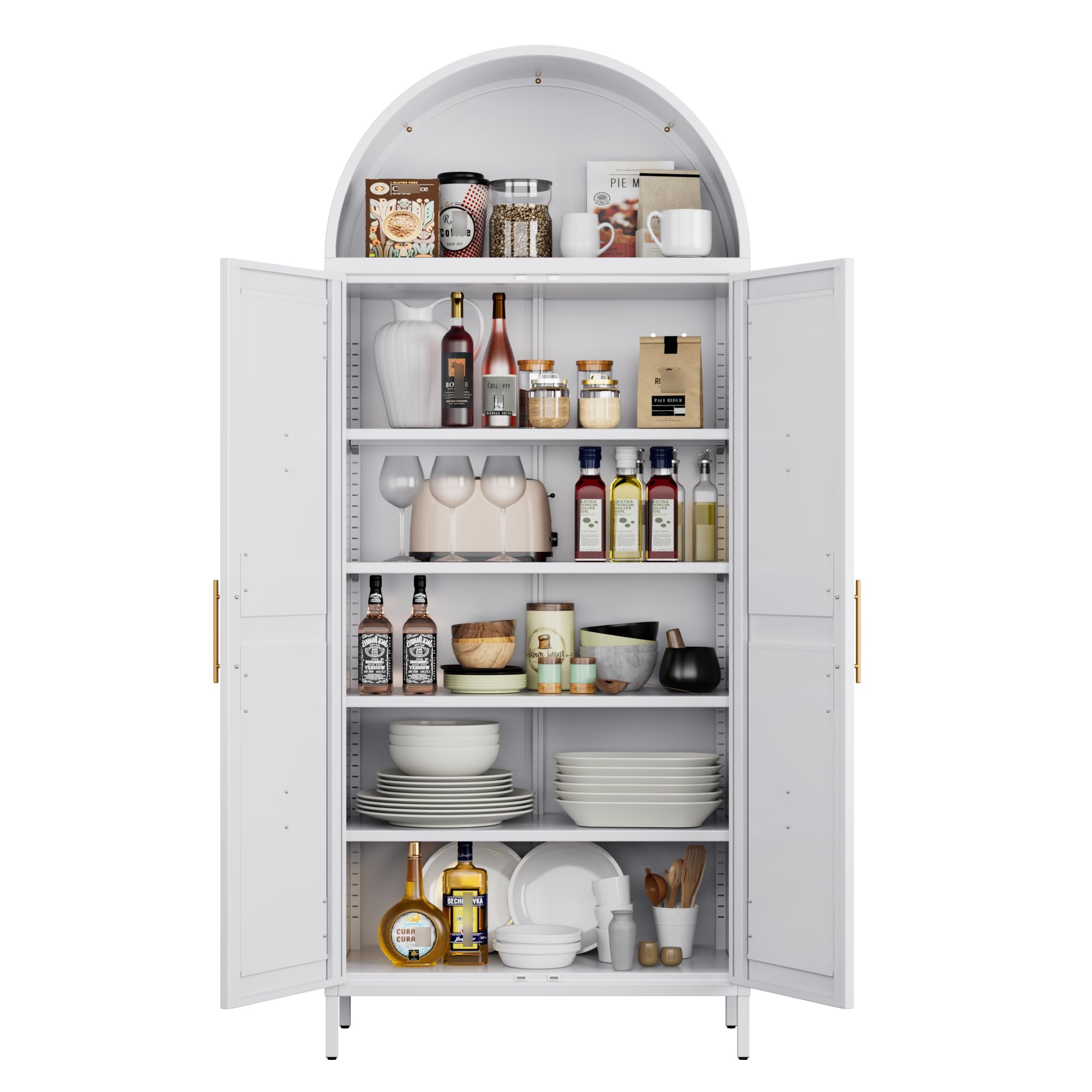 72.8inch H Metal Farmhouse Arched Cabinet With 4 Adjustable Shelves,Kitchen Arched Pantry Cabinet With 2 Doors For Home,White, Assemble Required