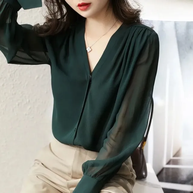 Vintage Simple Slim V neck Long Sleeve Temperament Shirt Green - Shop at LoveMi