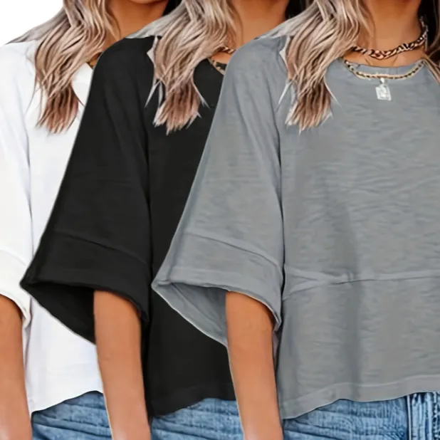 Women's Clothing Solid Color Crew Neck Loose Basic T shirt Set1 - Shop at LoveMi