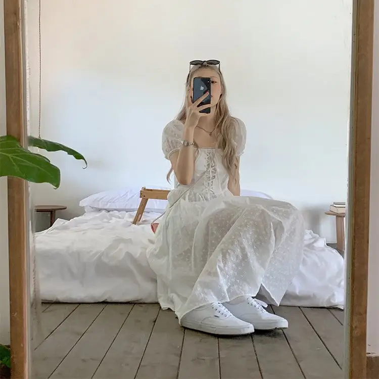 Women's Fashion Pure White Square Neck Embroidered Jacquard Dress