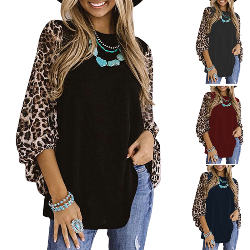 Title 5, Leopard Print Long Sleeve Round Neck T-Shirt Women