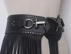 Punk Style Long Fringed Skirt Women's Studded Elastic Black Belt - Black - View 1