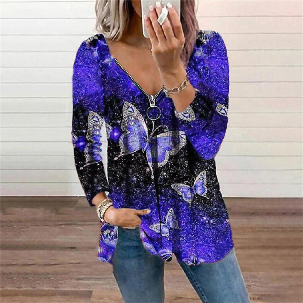 Title 6, Butterfly Print V Neck Long Sleeve Loose Casual...