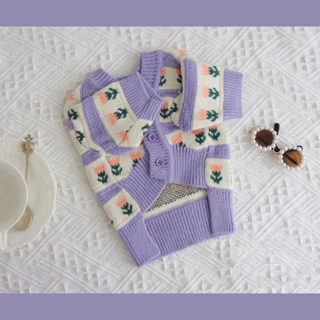 Retro Purple Flower Sweater Cute Pet Cat Dog Autumn And Winter Knitted Clothes Purple - Shop at LoveMi