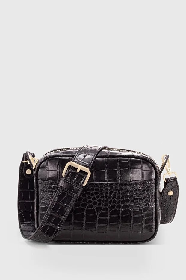 Black Croc Embossed Crossbody Bag For Women