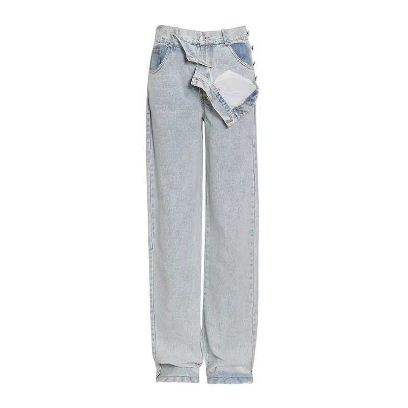 Street Personality Button High Waist Straight Wide Leg Jeans Women - Denim
