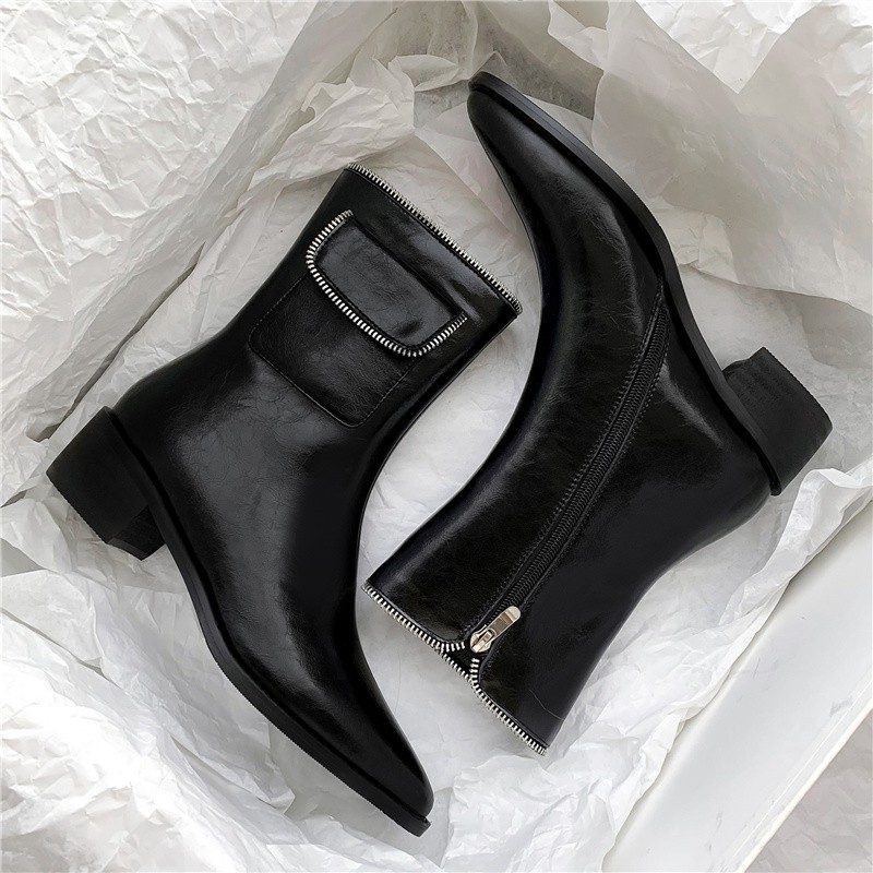 Pointed Thick Heel Fashion Zipper Bag Short Boots Casual Retro Martin Boots Single Boots Black - Shop at LoveMi