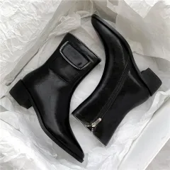 Pointed Thick Heel Fashion Zipper Bag Short Boots Casual Retro Martin Boots Single Boots - Black - View 1