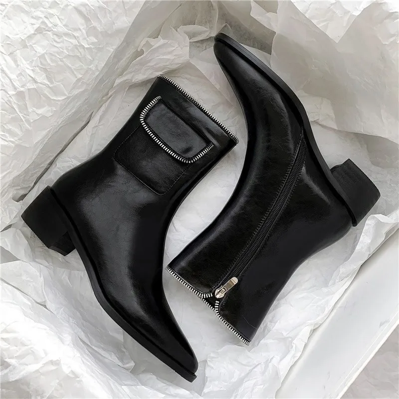 Pointed Thick Heel Fashion Zipper Bag Short Boots Casual Retro Martin Boots Single Boots - Black