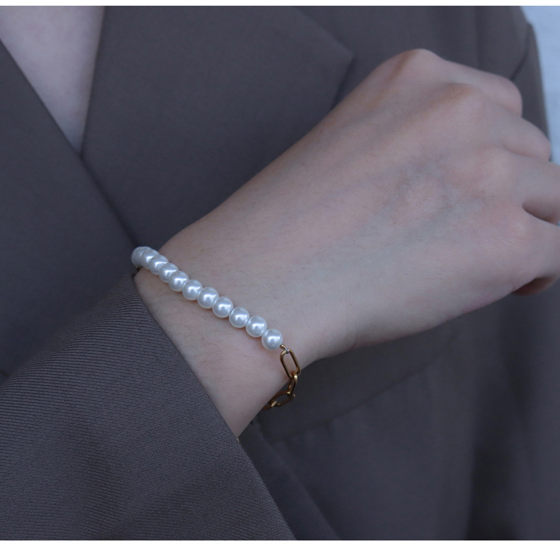 Women's Half Piece Chain Pearl Necklace Bracelet Titanium Steel Plated 18K Gold