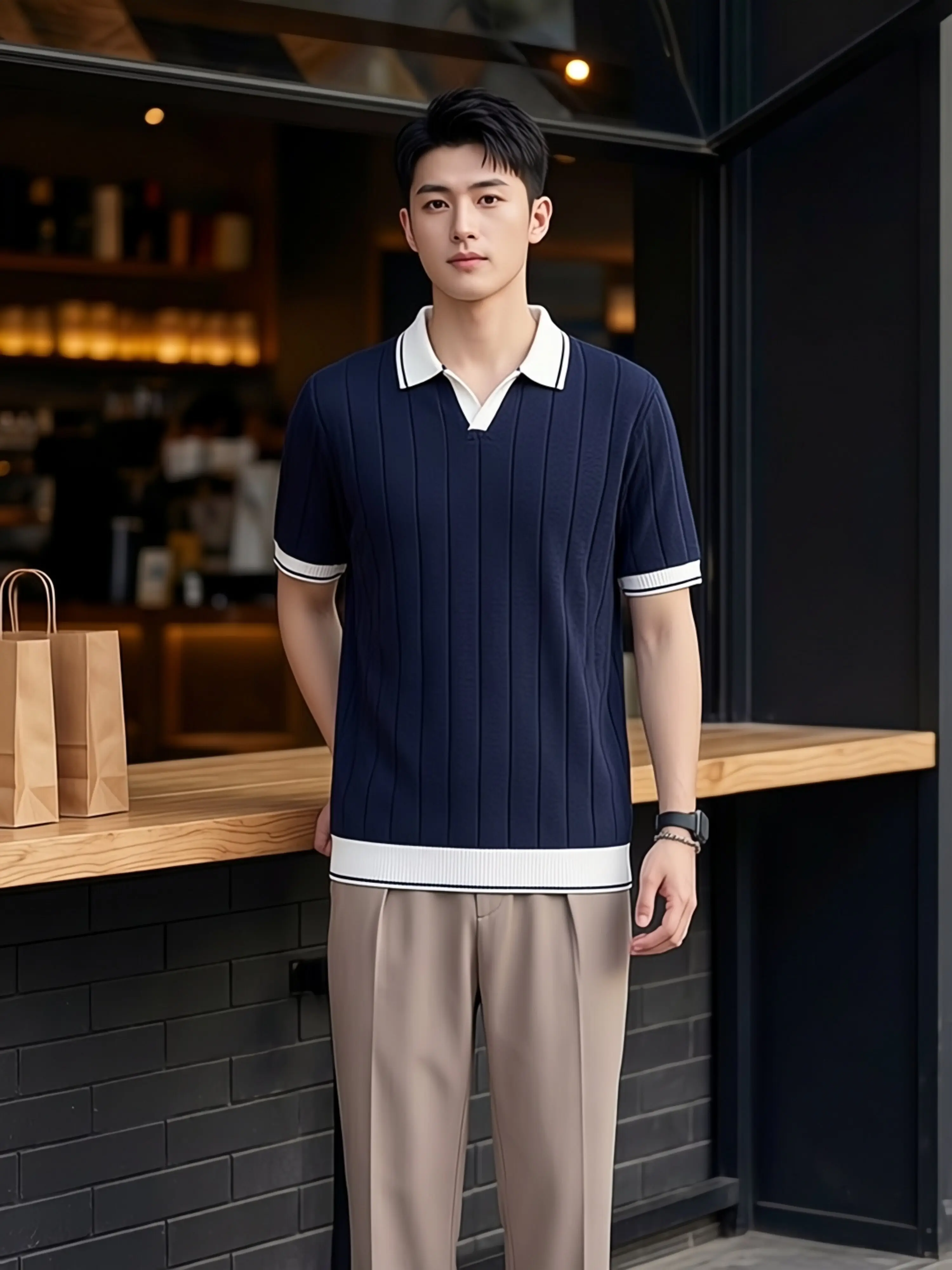 Men's Casual V-Neck Color-block Quick-Dry Paul T-Shirt