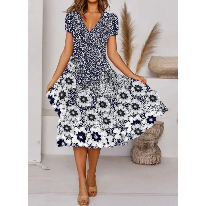 Mid Waist Digital Print V-Neck Short Sleeve Dress