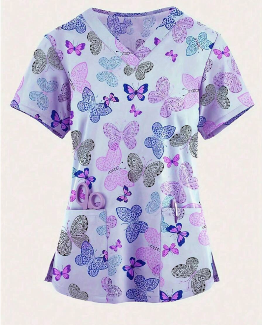 Plus Size Women's Vibrant Print Scrub Top Casual V-Neck Short Sleeve