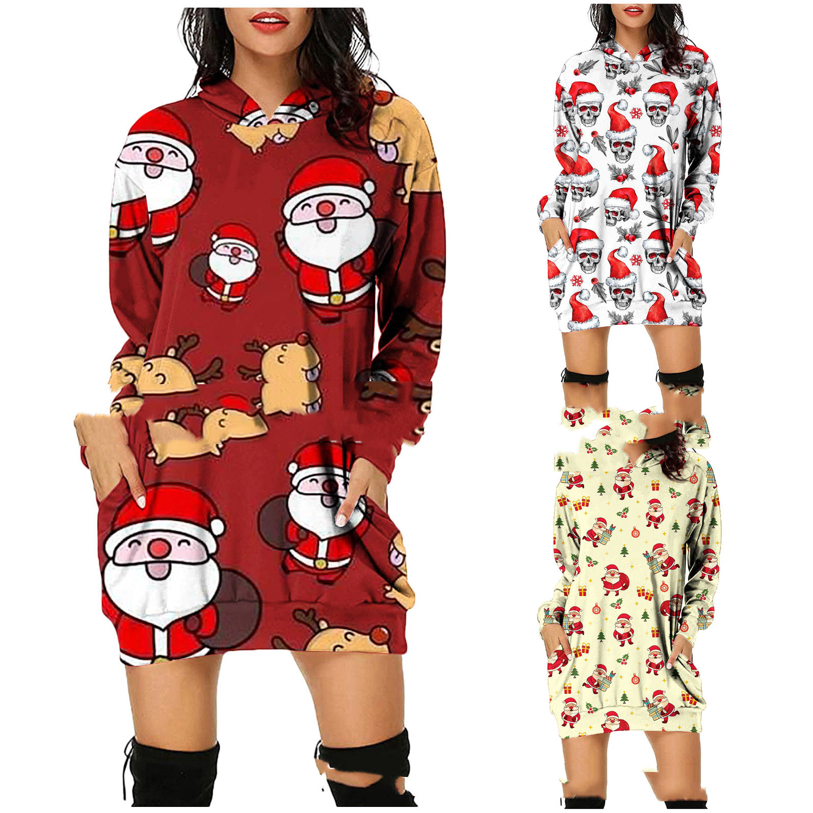 Christmas Print Mid-length Pocket Hooded Long-sleeved Sweater Women
