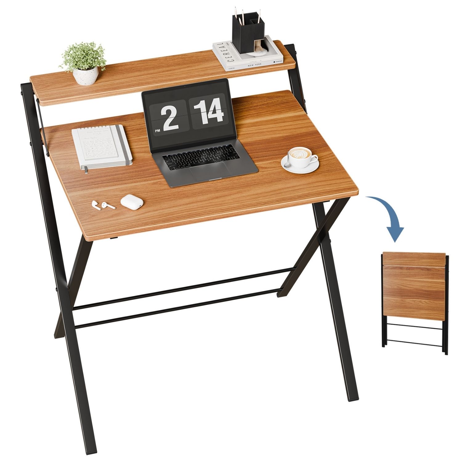 Small Folding Desk With Shelf, No Assembly Compact Computer Table, For Narrow... 2