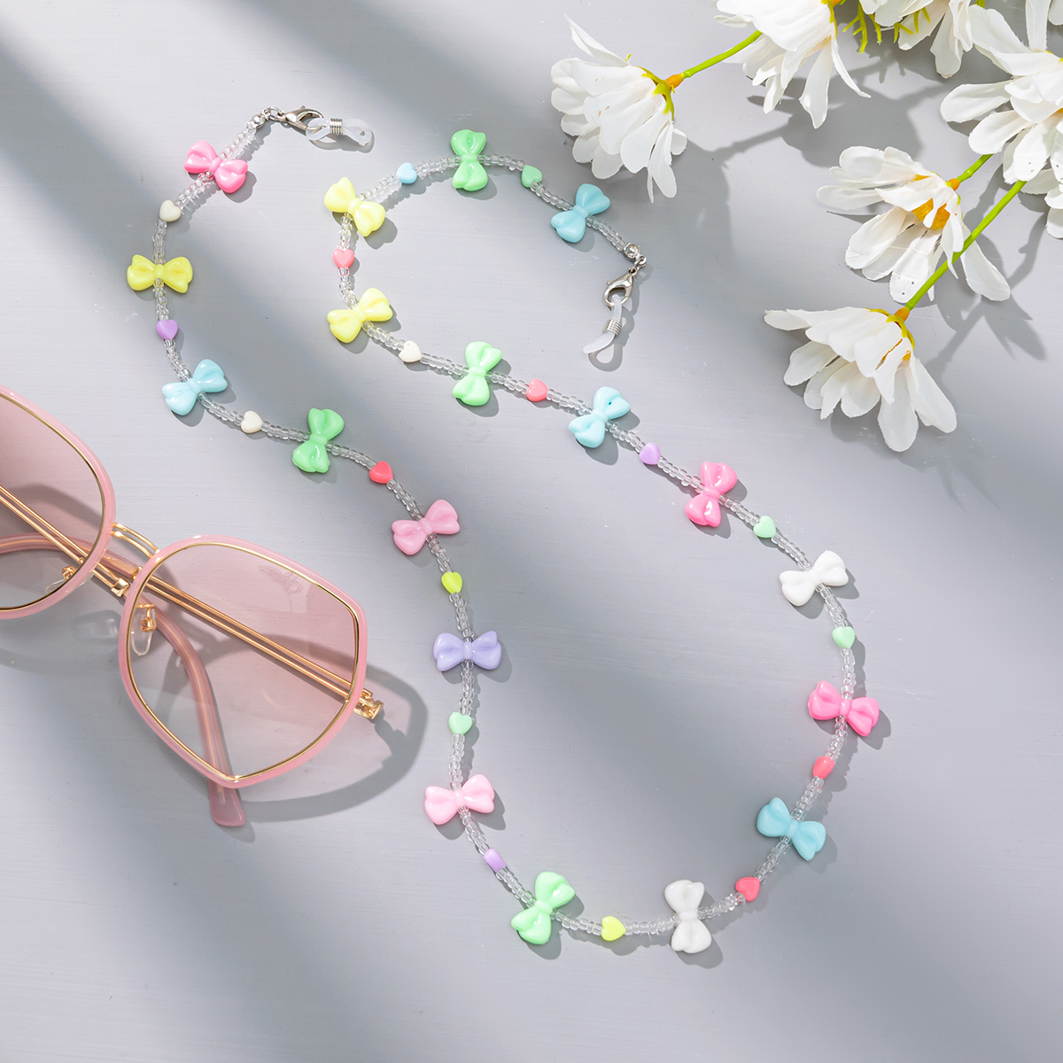 Candy-colored Acrylic Pearl Eye Pendant Chain, Butterfly Five-pointed Star Heart Neck Pendant Glasses Chain - Image 3